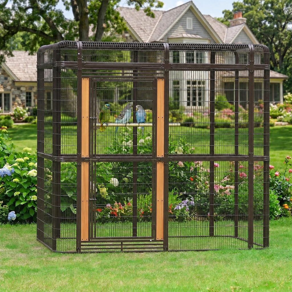 87-inch Outdoor Large Walk-in Cage Heavy Duty Bird Cage Carbon Crystal Board Aviary Parrot Cage Wide Flight Metal Birdcage for Macaw Budgie Conure Lovebird Parakeet Cockatiel, 7.22x5.25x6.8ft, Brown