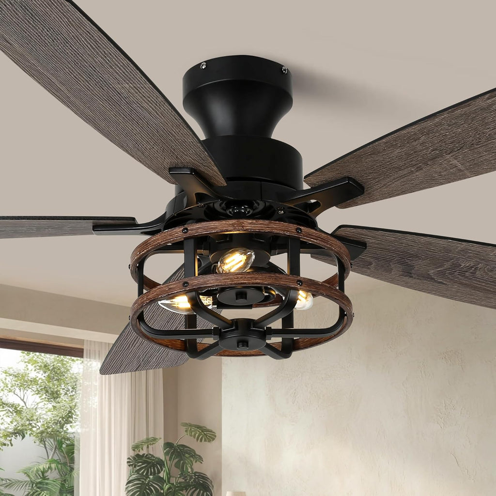 52' Farmhouse Ceiling Fans with Lights and Remote,Chandelier Ceiling Fan with 5 Double Colour Blades Reversible DC Motor,Rustic Caged Ceiling Fan for Living Room,Dining Room,Bedroom