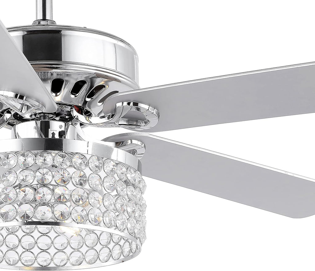 JONATHAN Y 52' Chrome 3-Light Crystal and Metal Drum LED Ceiling Fan with Remote, Modern Glam 5-Blade Indoor Fixture, Clear Crystal Prism Shade, LED Bulbs Included JYL9709A