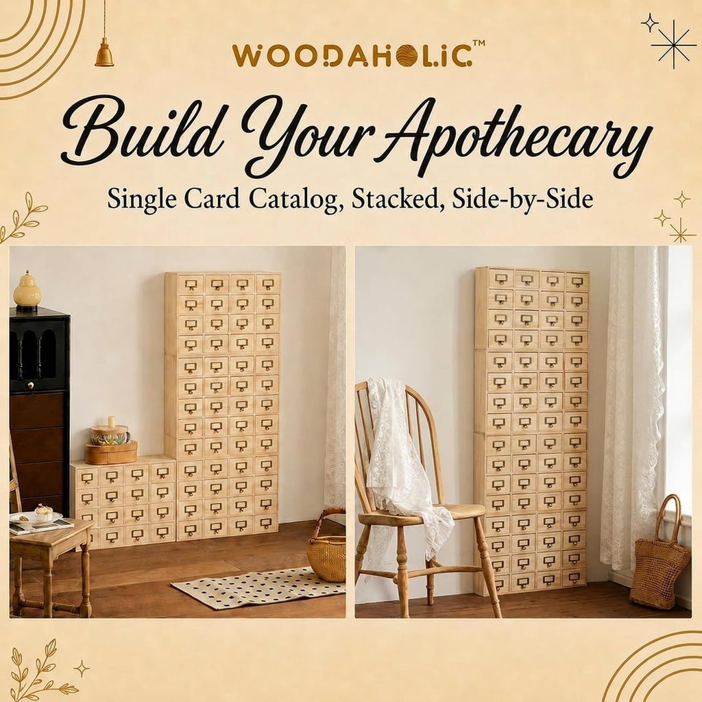 Creative Storage Wall 64-Drawer Modular Apothecary Cabinet, Stackable Light Wood Library Card Catalog Organizer with Label Holders, for Stickers, Beads, Pins, Stamps & Scrapbooking