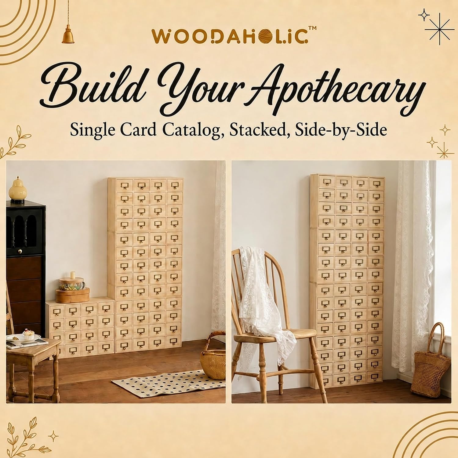 Creative Storage Wall 64-Drawer Modular Apothecary Cabinet, Stackable Light Wood Library Card Catalog Organizer with Label Holders, for Stickers, Beads, Pins, Stamps & Scrapbooking