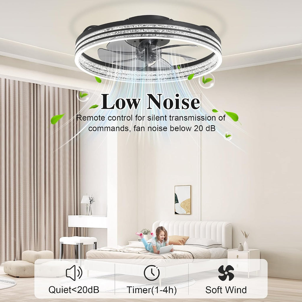 Smart Ceiling Fans with Lights Remote - WiFi Alexa 20'' Flush Mount Low Profile Modern Ceiling Fans for Bedroom -Stepless Color Temperature and 6 Speeds - Crystal Stripe