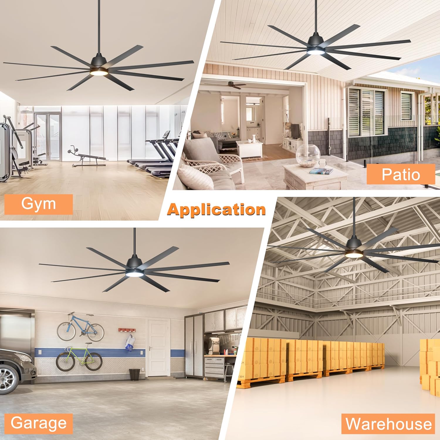 96' Industrial Ceiling Fans with Lights, Large Ceiling Fan with Remote/APP Control, Outdoor Ceiling Fans with 8 Blades, 3CCT, DC motor for Commercial Shop Garage Warehouse Black