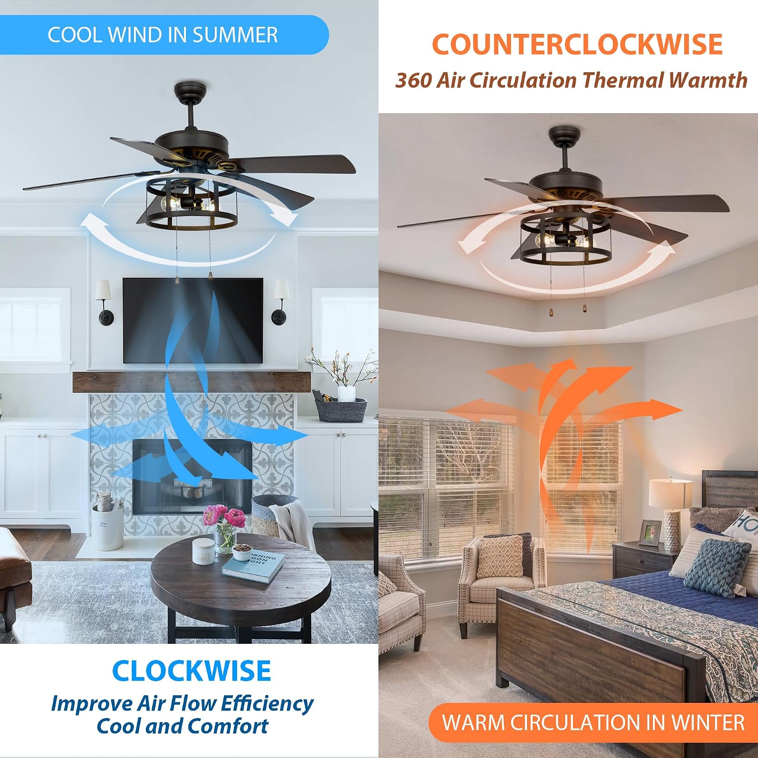 52 Inch Ceiling Fans with Lights, Farmhouse Black Ceiling Fan for Bedroom Living Room, Rustic Outdoor Ceiling Fans for Patios, Pull Chain Control, 3 Speeds, Reversible Airflow, ETL