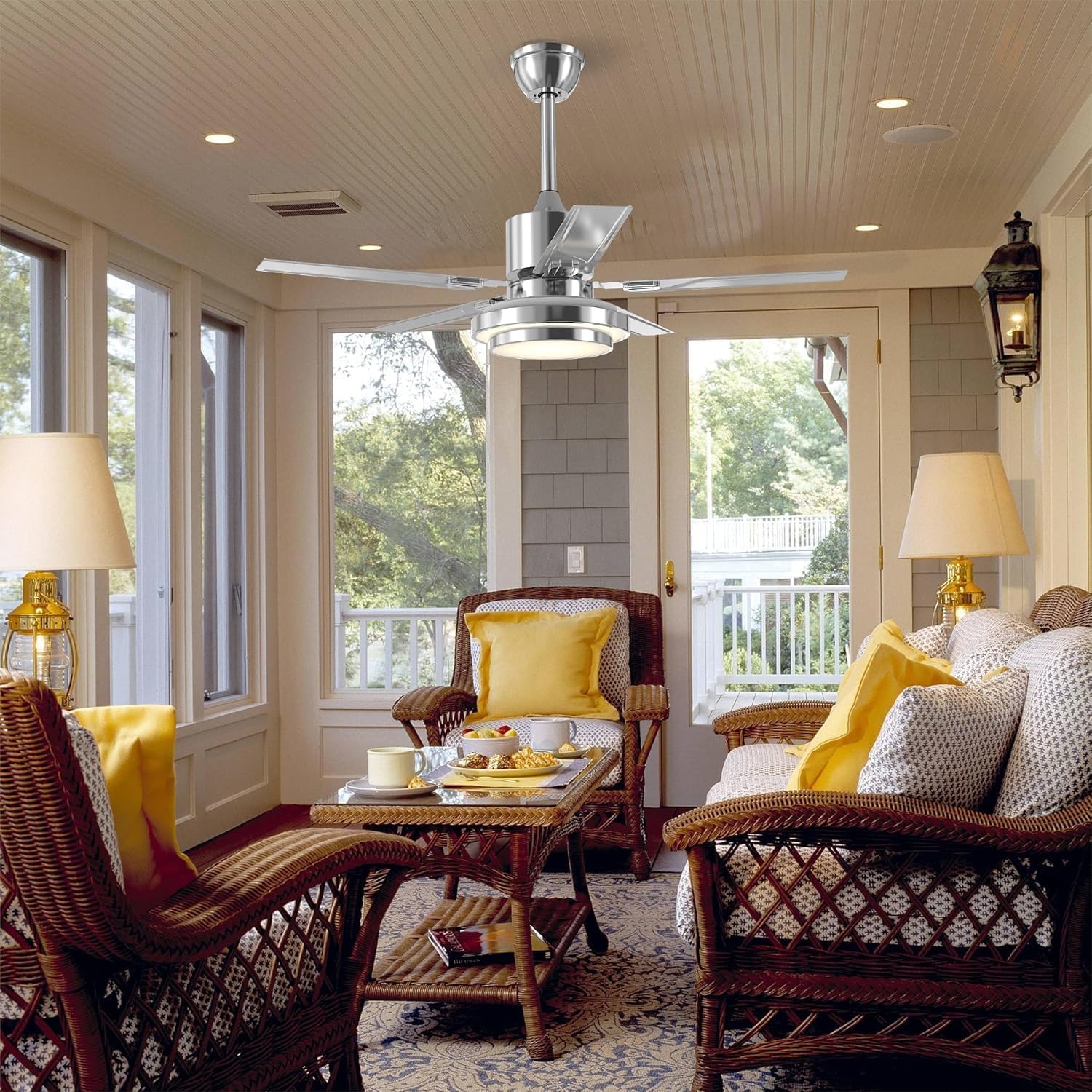 Reversible Ceiling Fan, Remote Control Patio Fandelier with Stainless Steel Blades, 48 Inch Brushed Nickel Ceiling Fan with LED Light for Pavilion, Warehouse Chandelier (48 inch)