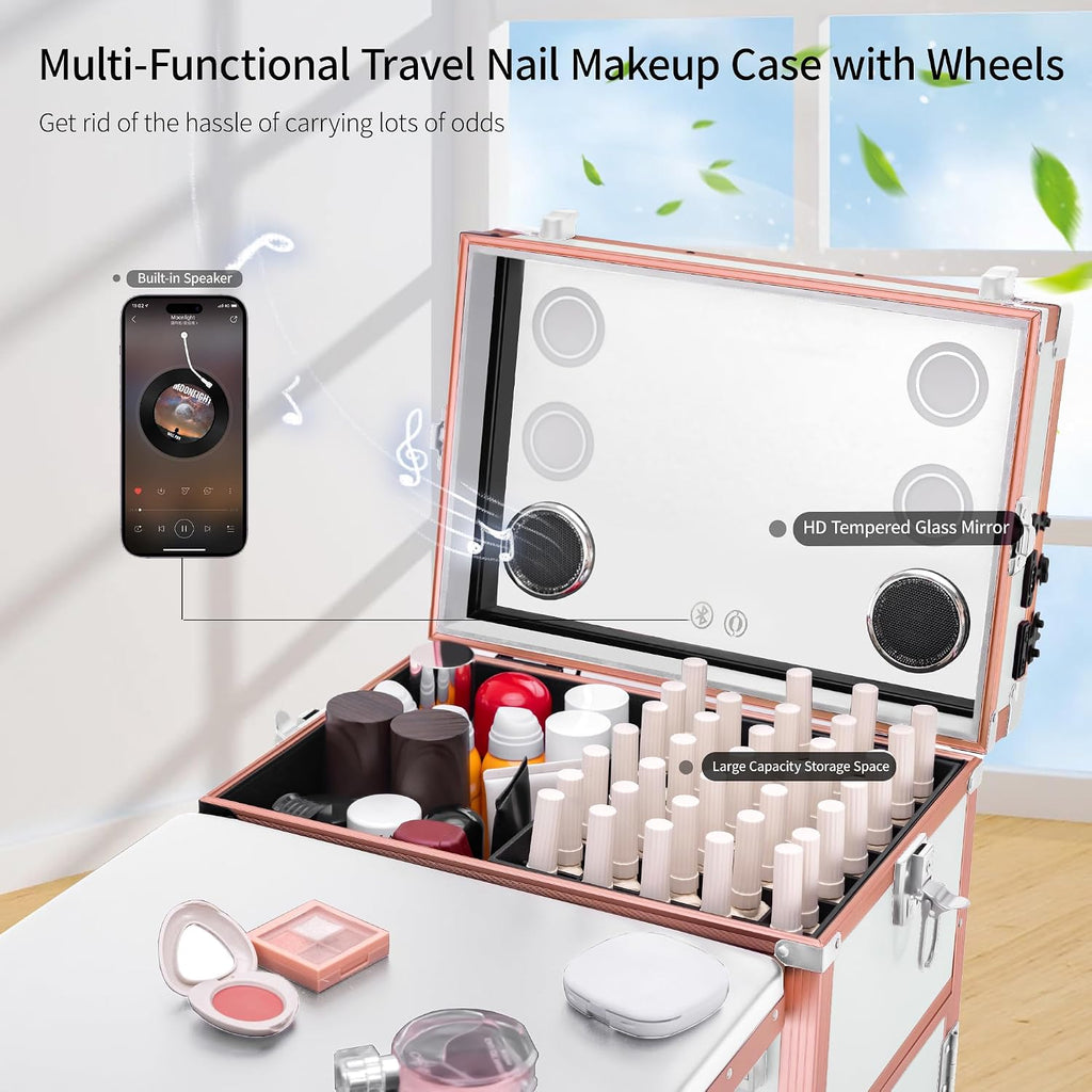Portable Manicure Table 3 Drawers, Rolling Lockable Makeup Train Case with Blueteeth Speaker and Nail Polish Organizer, Foldable Nail Desk with Mirror & TSA Lock for Nail Tech and Salon Use