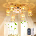 Qcyuui Rattan Boho Ceiling Fan with Light,26.4'' Ceiling Fans with Lights and Remote Low Profile Ceiling Fan with Light with Reversible 6 Speeds for Kitchen Living Room Bedroom,E26 Base (Gold)