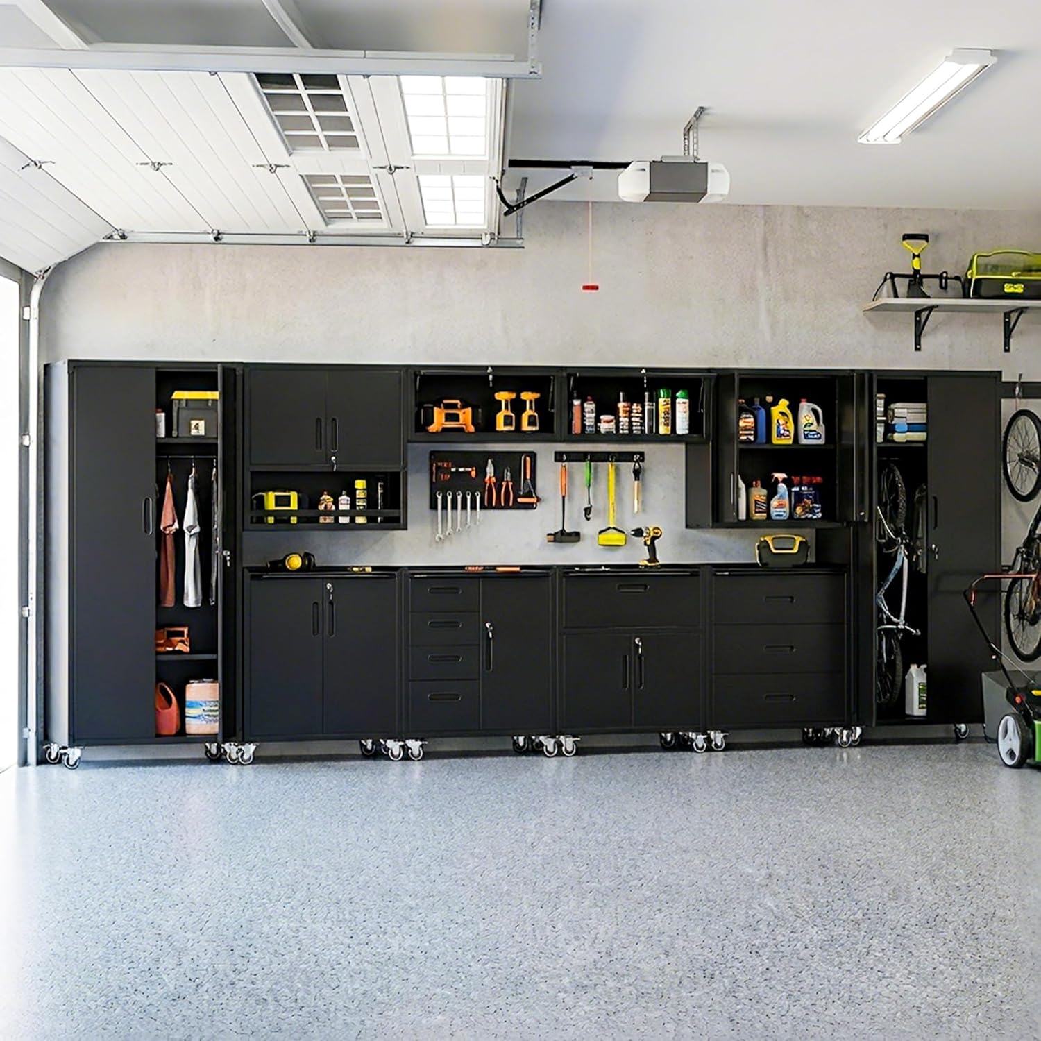 10-Piece Heavy Duty Steel Garage Cabinet System | All-in-One Modular Garage Cabinet Set for Ultimate Workshop Organization | Easy Assembly Garage Storage Cabinets & Tool Bench (Black)