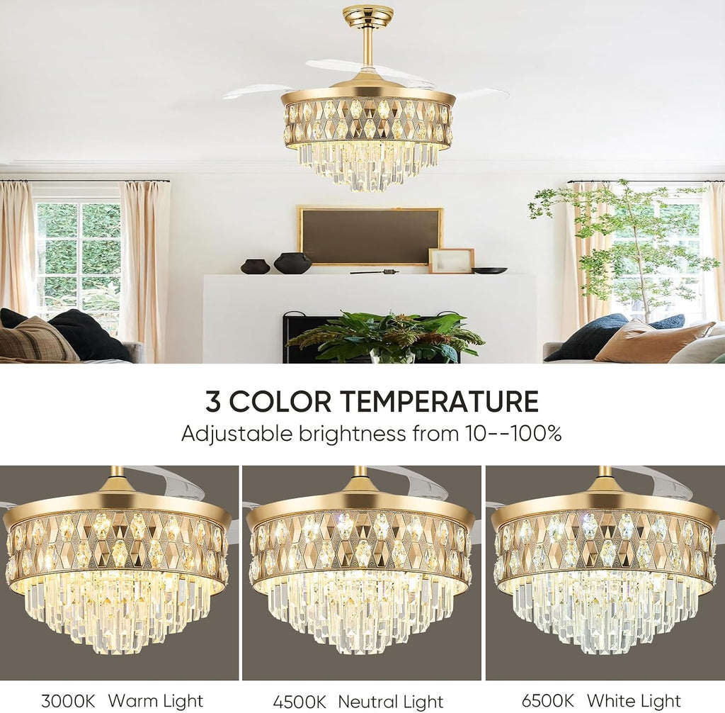 52 Inch Fandelier Ceiling Fan with Light, Chandelier Fan, Retractable Crystal Ceiling Fan Dimmable LED, 3 Color Temperatures, 6 Speeds, for Bedroom & Living Room