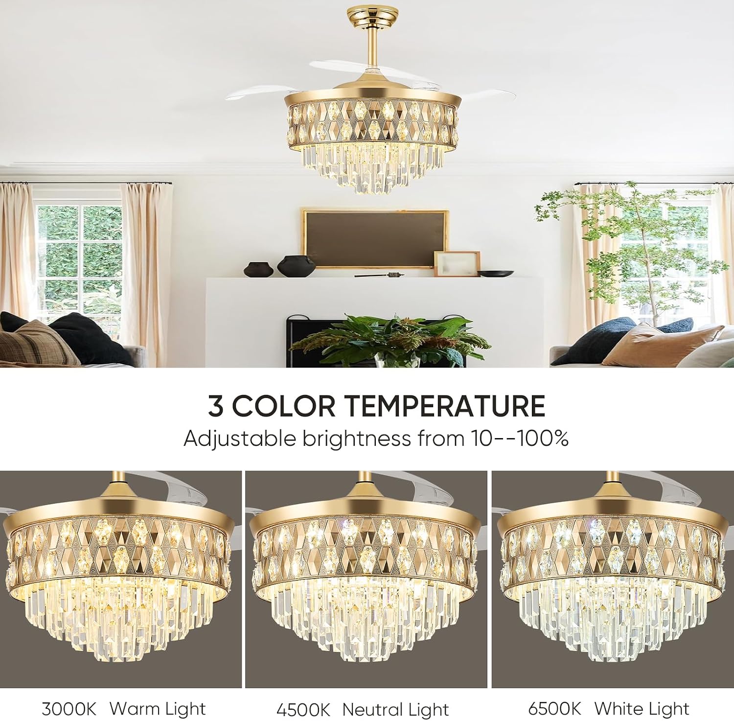 52 Inch Fandelier Ceiling Fan with Light, Chandelier Fan, Retractable Crystal Ceiling Fan Dimmable LED, 3 Color Temperatures, 6 Speeds, for Bedroom & Living Room