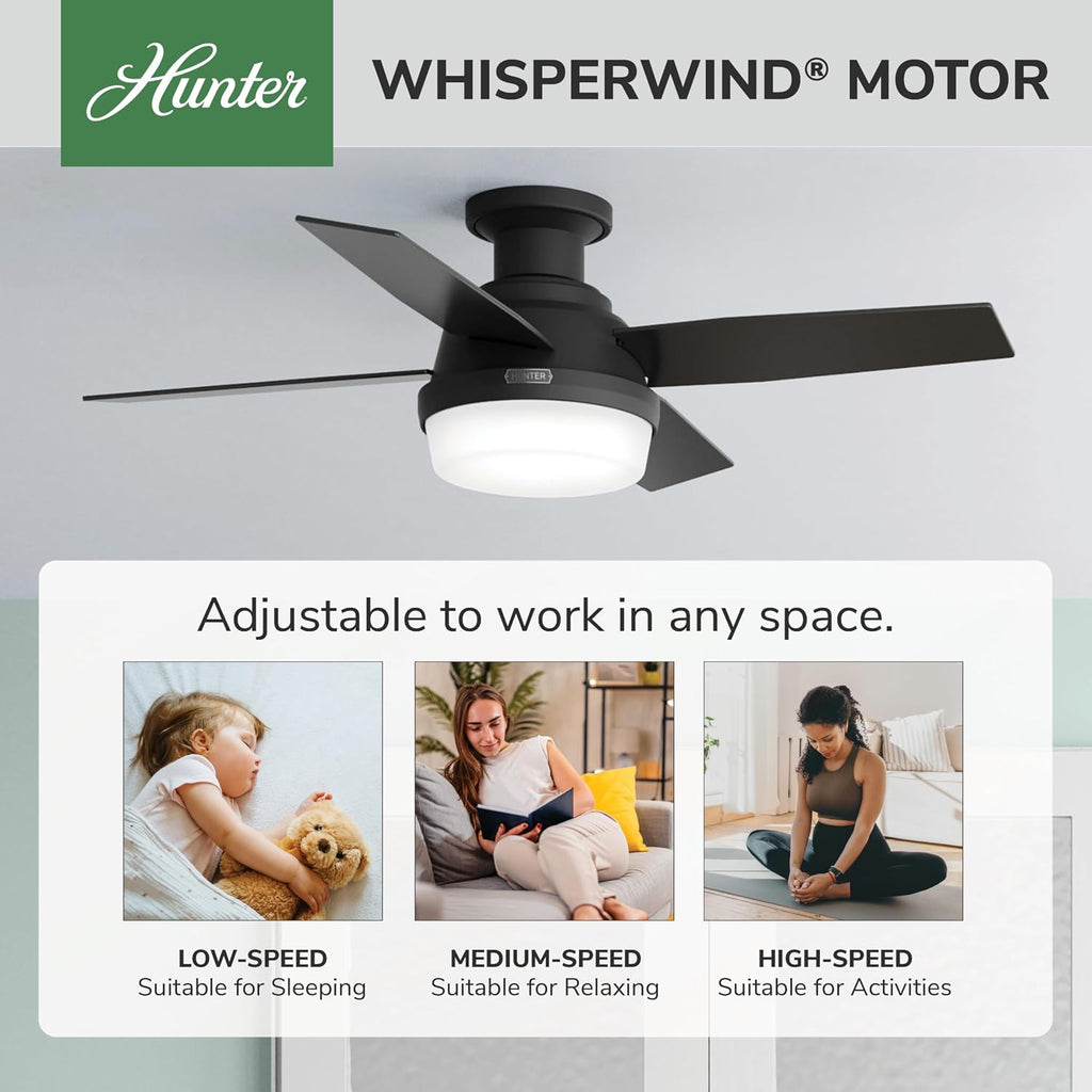 Hunter 44 inch Indoor Ceiling Fan with LED Light and Remote Control - Black Modern Ceiling Fan, Low Profile Mount, 4 Blades, For Bedroom, Living Room, or Kitchen, Quiet - Dempsey 52390, Matte Black