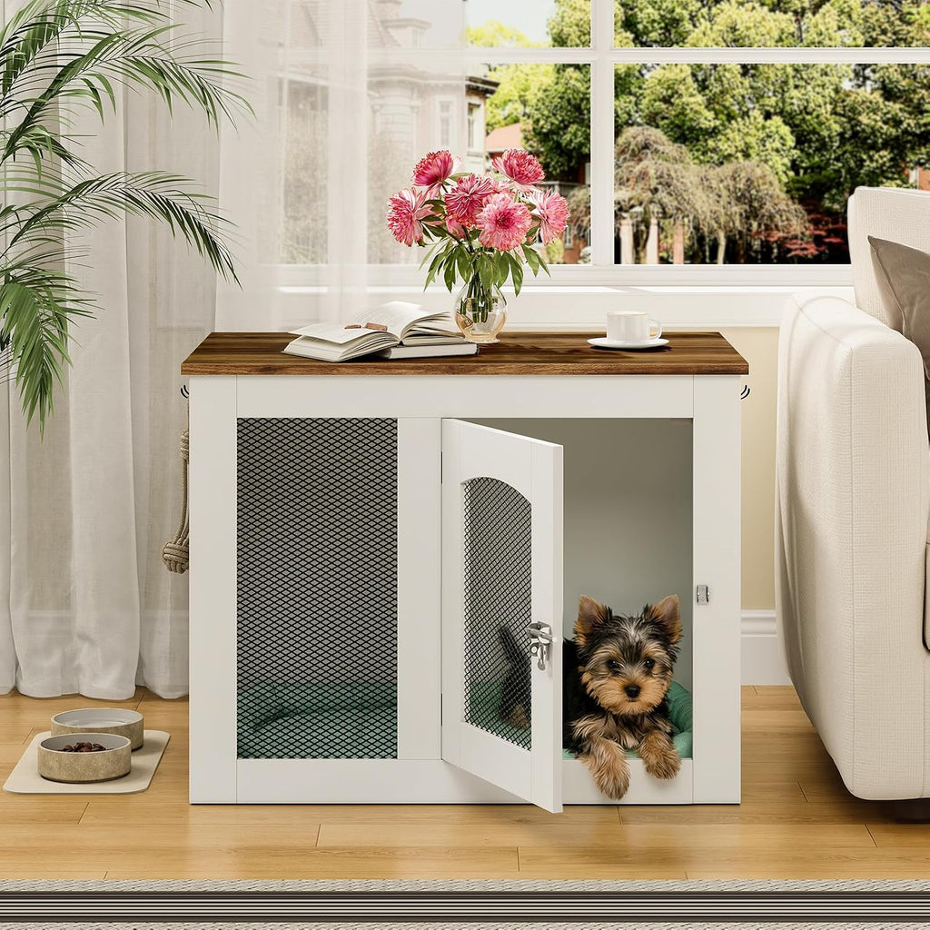 CHOEZON Wooden 30.1' Dog Crate Furniture, Farmhouse Pet Cage End Table with Secure Lock, Ventilated Mesh for Medium Dogs, Dog Kennel Furniture for Living Room, Bedroom, White and Walnut MGW02WL