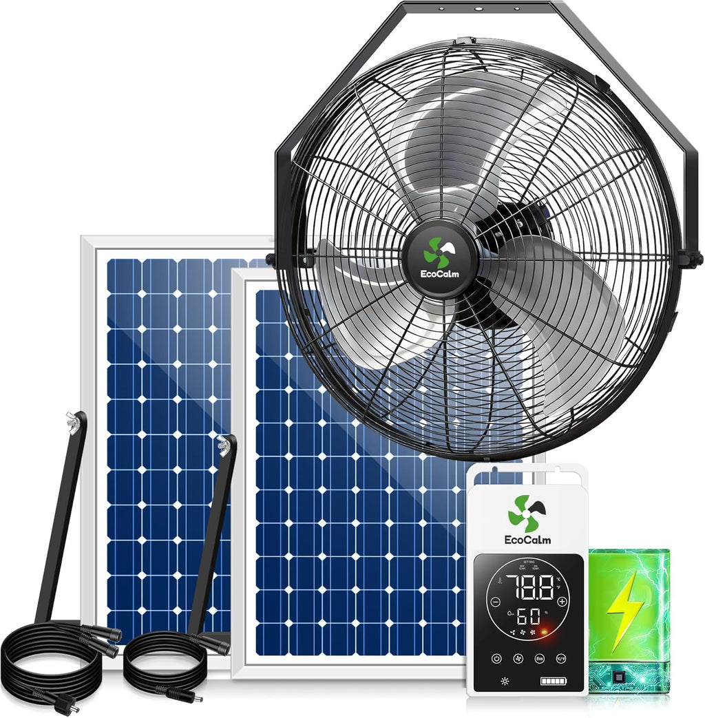 Solar Fan Wall Mount Waterproof, Metal Solar Powered Fan with Battery & Adjustable Thermostat, 18' Heavy Duty Outdoor Fans for Patios 3 Speeds, 180° Tilt