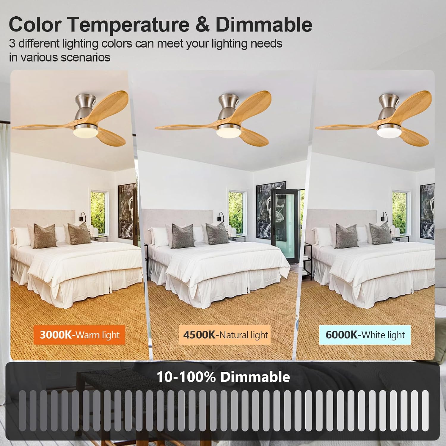 42 Inch Flush Mount Ceiling Fans with Lights and Remote, Dimmable 3 Blade Wood Bedroom Ceiling Fan with Lights Low Profile Ceiling Fan with Light Brushed Nickel Outdoor Ceiling Fans for Patios