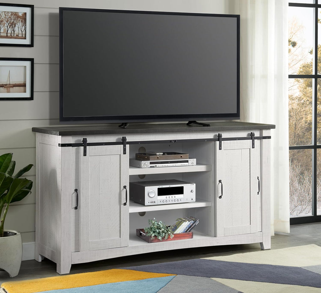 Martin Svensson Home 65' Solid Pine Wood Entertainment Center with Storage. Rustic TV Stand for TVs up to 70.' Sliding Doors, Adjustable Shelves & Cable Management – White and Grey Finish