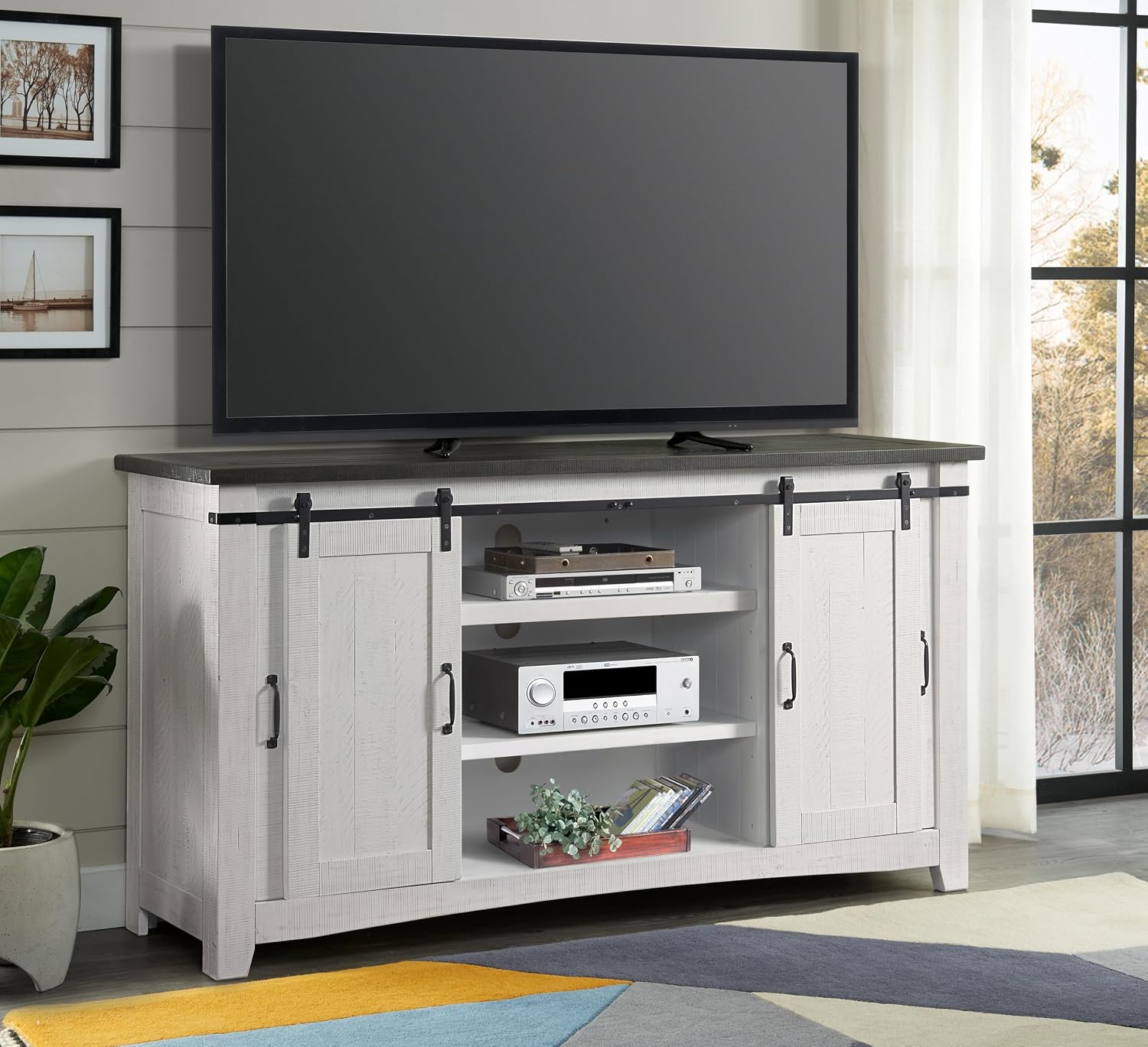 Martin Svensson Home 65' Solid Pine Wood Entertainment Center with Storage. Rustic TV Stand for TVs up to 70.' Sliding Doors, Adjustable Shelves & Cable Management – White and Grey Finish