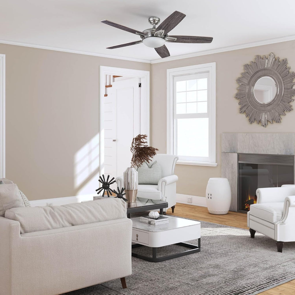 Prominence Home Clancy, 52 Inch Contemporary LED Ceiling Fan with Integrated Dome Light, Remote Control, Dual Mount, 5 Reversible Dual-Finish Blades - 51482-01 (Brushed Nickel)
