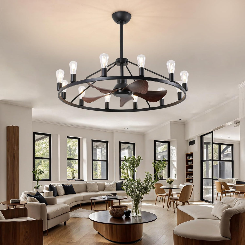 Miuyhji Wheel Ceiling Fan 44 Inches Large,Industrial Ceiling Fans with Lights and Remote,Vintage Chandelier Fans with 12 Candle Lights, Wagon Wheel Chandelier with Fan for Indoor