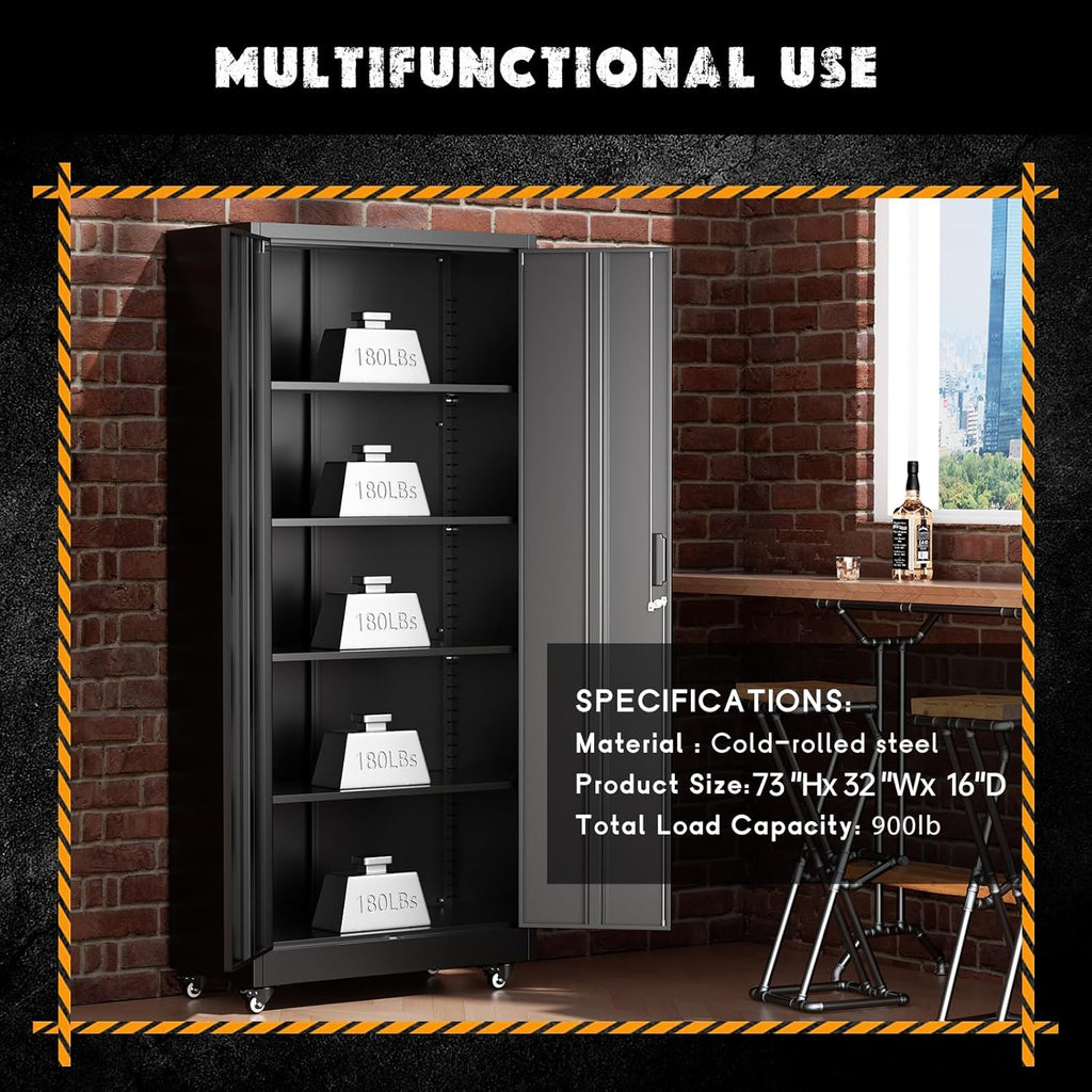 Greenvelly Metal Storage Cabinet with Wheels, 73' Black Metal Rolling Garage Cabinet with 2 Door and Adjustable Shelves,Locking Storage Cabinets for Garage Home Office Utility Room