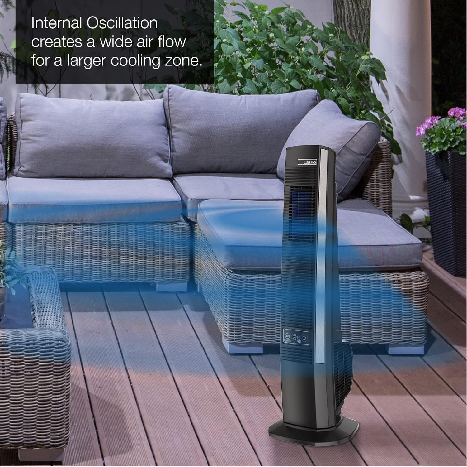 Lasko 42' Portable Outdoor Tower Fan with Bluetooth Technology for Decks, Patios and Porches with 4 Speeds, Night Mode, Internal Oscillation, Black, YF200, Large