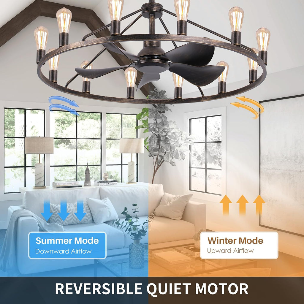 Miuyhji Farmhouse Ceiling Fan with Lights and Remote,Bronze Fandelier,Wagon Wheel Chandelier with Fan,44 Inch Rustic Fans for 20x25' Large Room