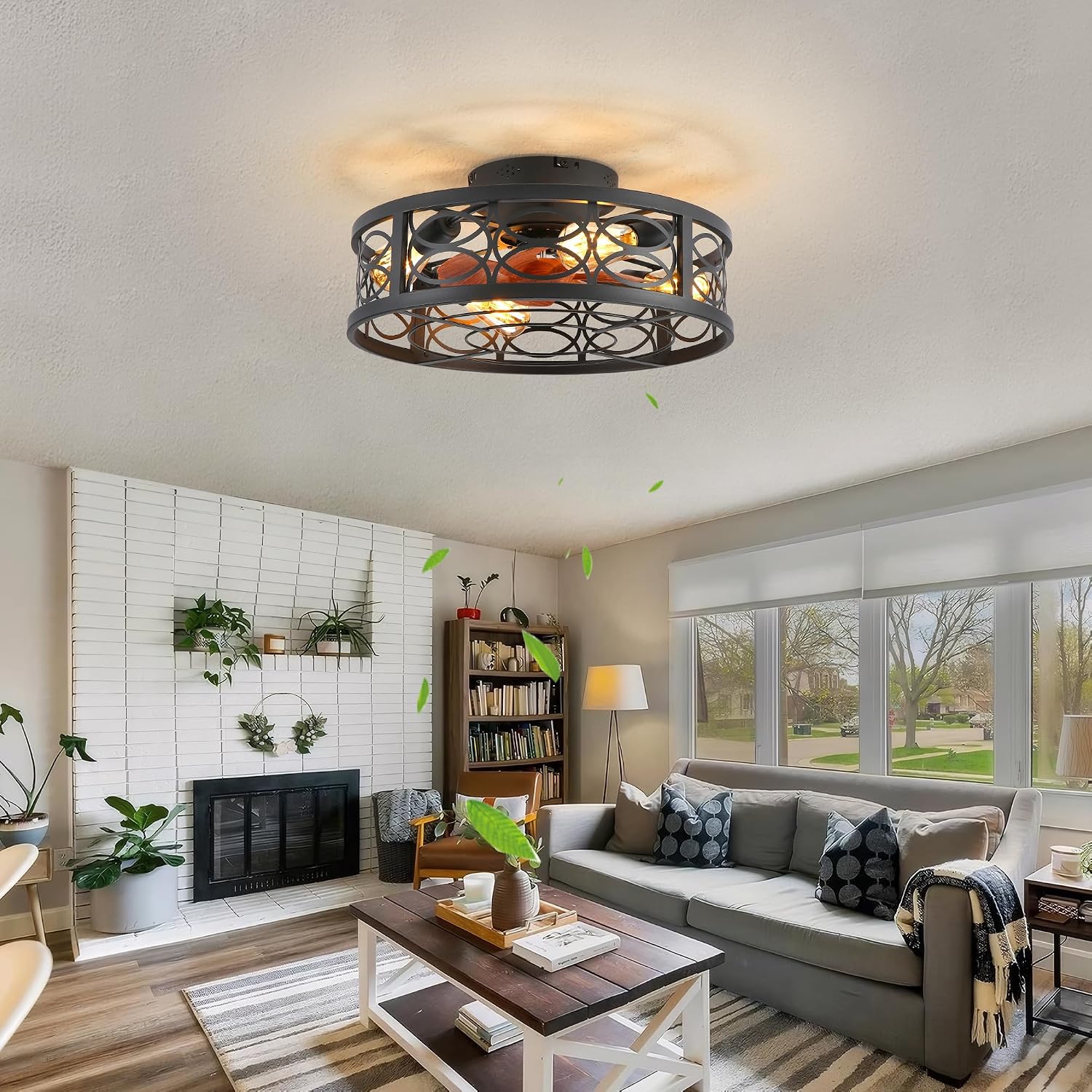 20' Caged Ceiling Fan with Light and Remote，Bladeless Ceiling Fan 6 Speed Reversible with 4 Bulbs and Remote Control.Low Profile Ceiling Fans with Lights for Bedroom, Dining Room