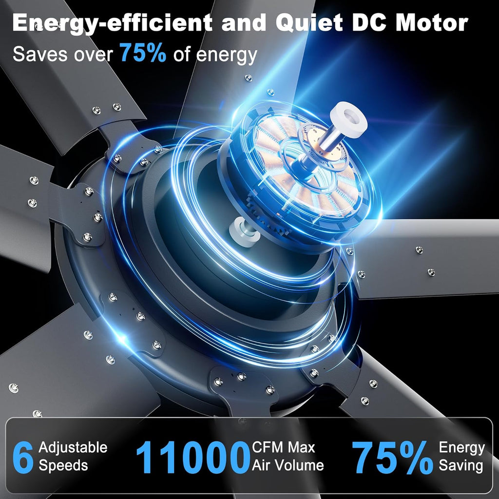 Ohniyou 84'' Ceiling Fan No Light, Black Industrial Ceiling Fan with Remote/APP, Aluminum Blades, 11000 CFM DC Motor for Shop, Warehouse, Garage, Patios