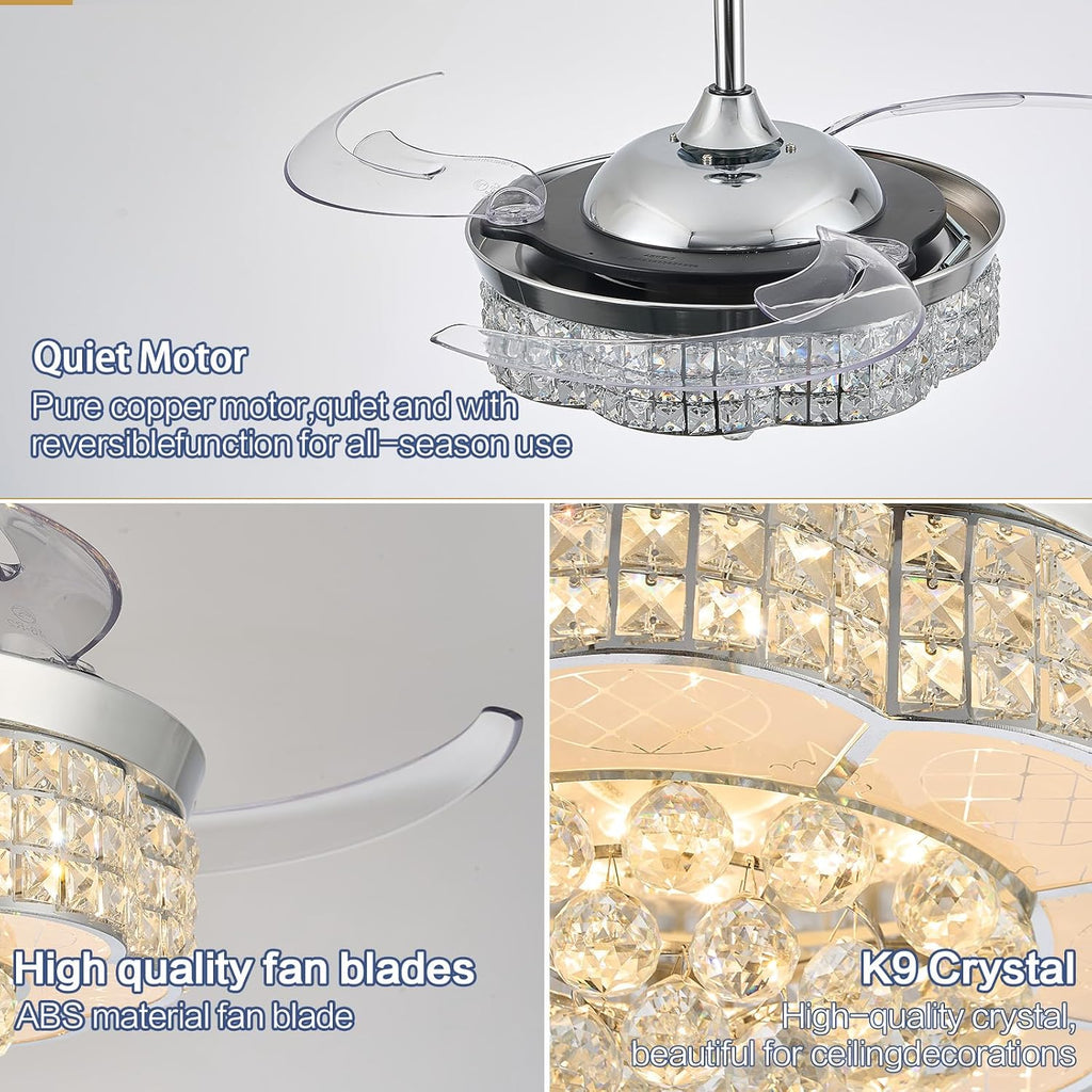 36' RGB Retractable Crystal Ceiling Fan with Light and Speaker Dimmable Bluetooth Chandelier Fan, 6 Speed Timer Fandelier, APP/Remote Control & Speaker for Bedroom,Silver