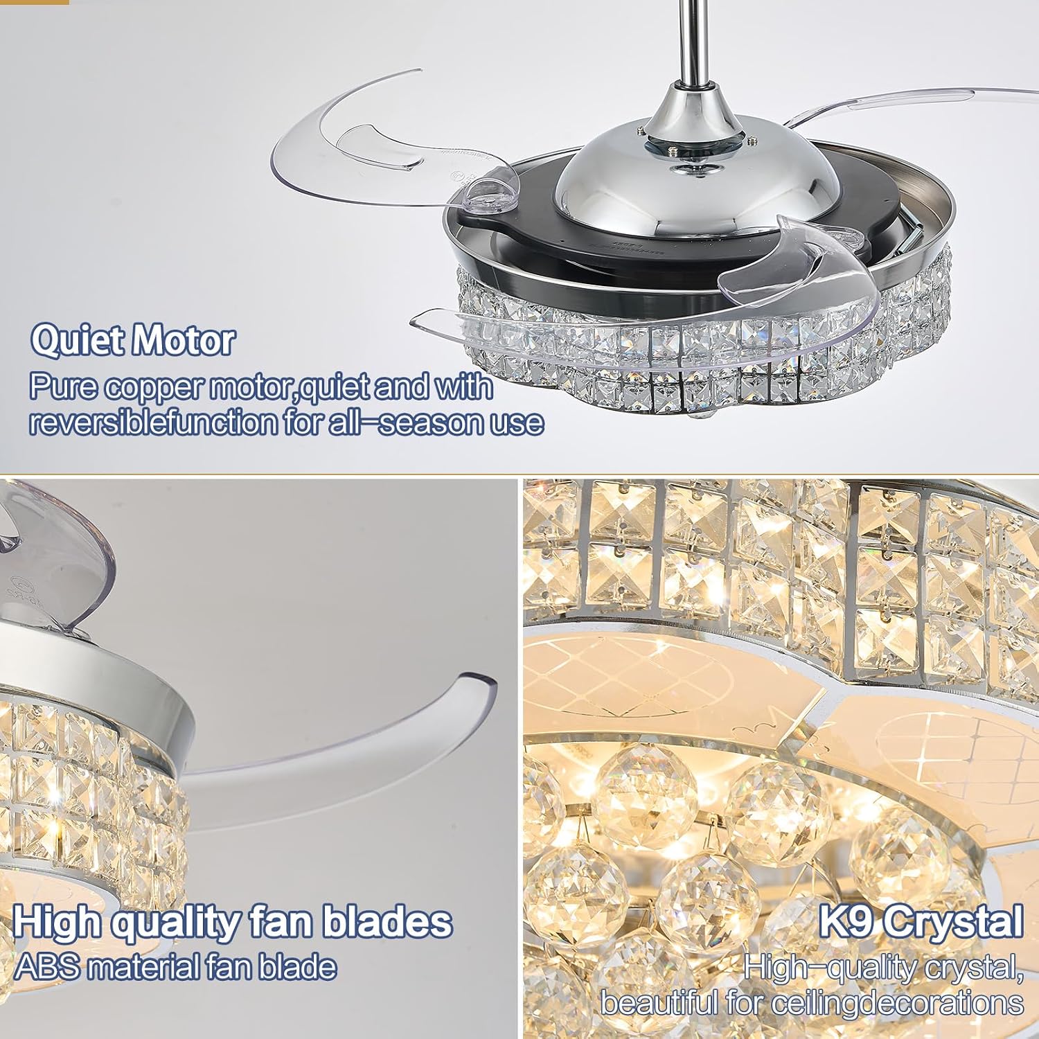 36' RGB Retractable Crystal Ceiling Fan with Light and Speaker Dimmable Bluetooth Chandelier Fan, 6 Speed Timer Fandelier, APP/Remote Control & Speaker for Bedroom,Silver