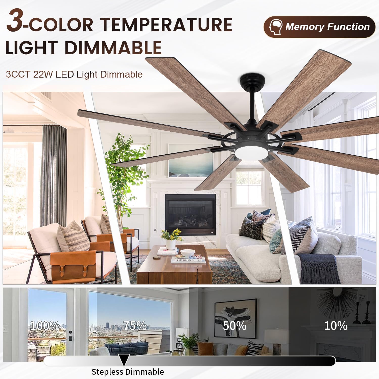 72 inch Large Ceiling Fans with Lights and Remote, Indoor/Outdoor Modern Ceiling Fan for Kitchen Living Room Patio, 6 Speed Reversible Quiet DC Motor, 3 CCT, Dual Finish 8 Blades