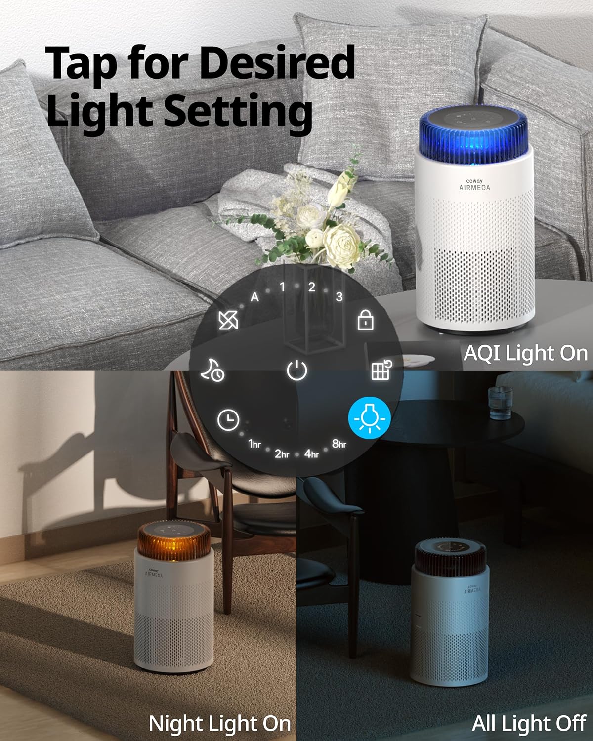 COWAY Air Purifiers for Home up to 810 ft², HEPA and Carbon Filter for Smoke, Allergies, Pet Dander, Odor, AQI Monitor, Auto Mode, Timer, Filter Indicator, Night Light, 2yr Warranty, Airmega 100 White