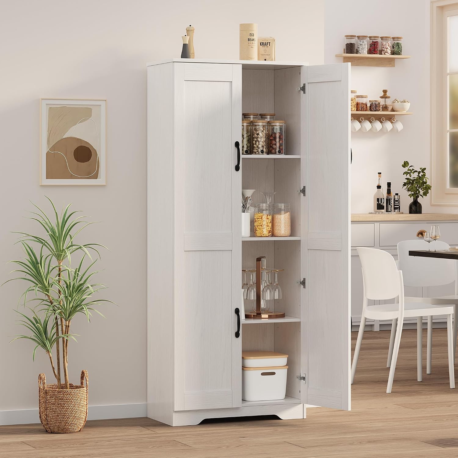 IDEALHOUSE Tall Pantry Cabinet, 60' Kitchen Pantry Storage Cabinet with 2 Doors and Adjustable Shelves, Freestanding Kitchen Cabinet, Cupboard for Dining Room, Bathroom, Living Room, White