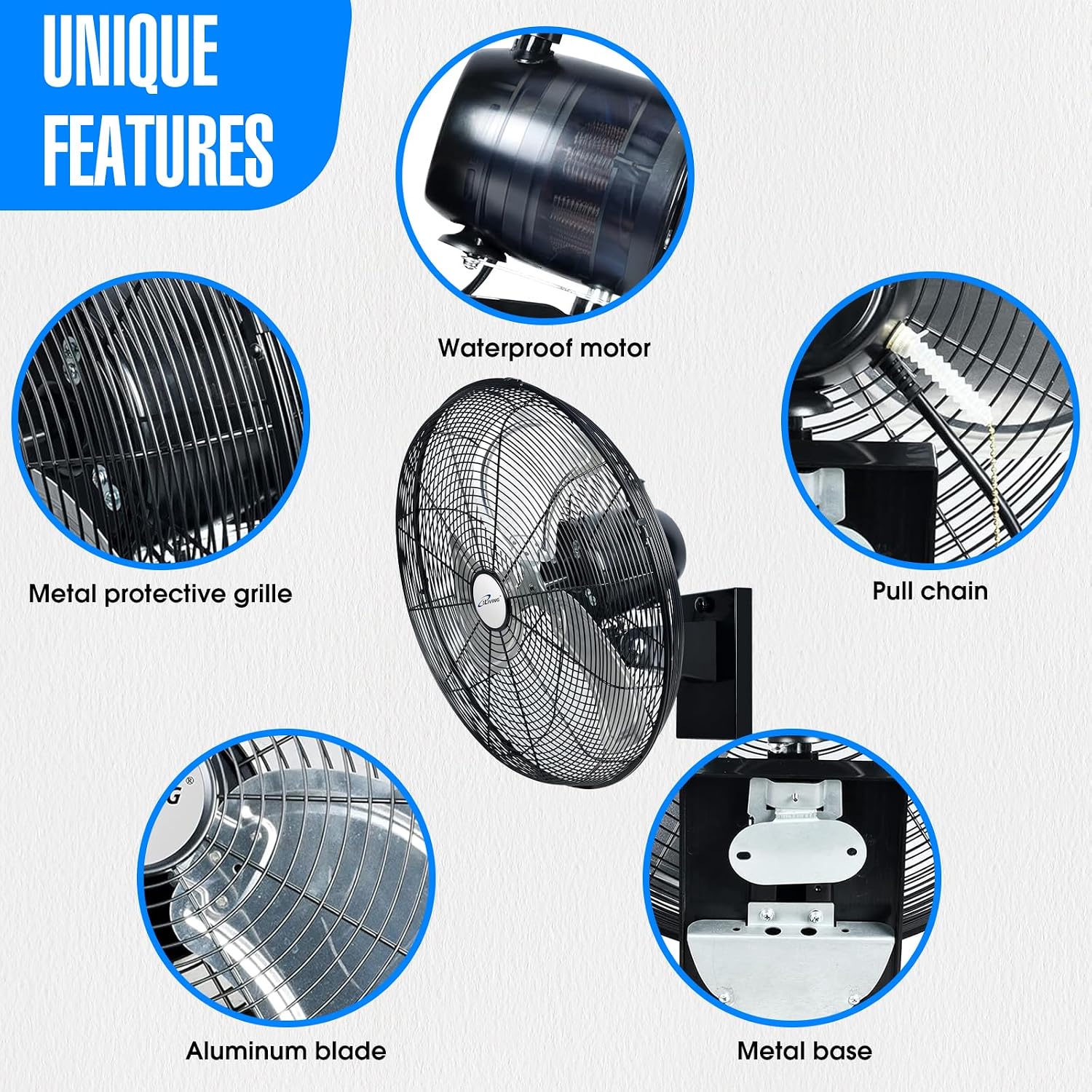 iLiving 20' Outdoor Oscillating High Velocity Wall Fan with 4750 CFM Heavy Duty Weatherproof Motor, Variable Speed Adjustment for Workshop, Garage, Patios, Commercial and industrial, 20 inch,Black