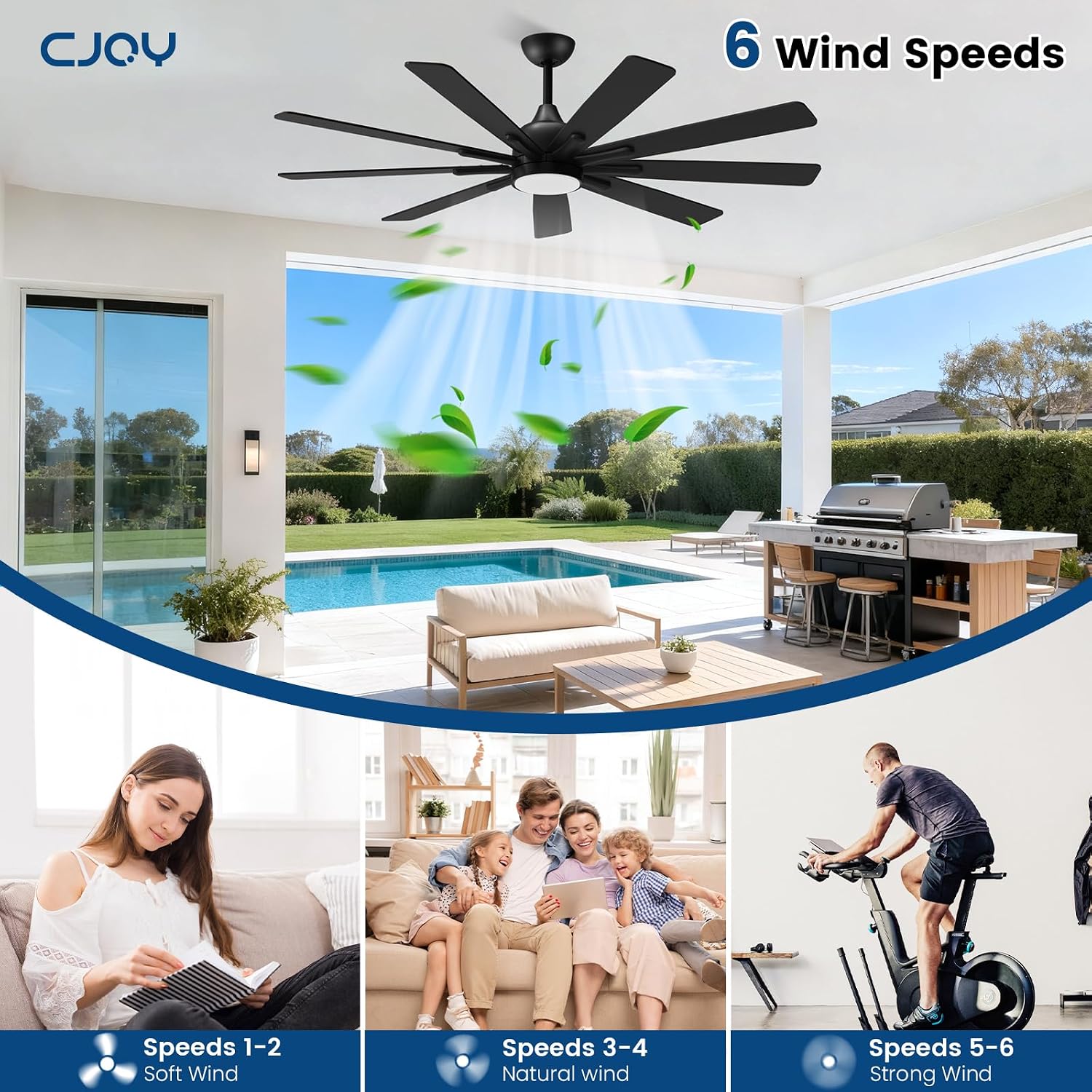 72 Inch Ceiling Fan with Light，Indoor/Outdoor Large Ceiling Fans with Lights for Kitchen Living Room Patio,8 Blade Black Reversible Quiet DC Motor,6 Speeds, Dimmable，3 CCT(Dual Finish)