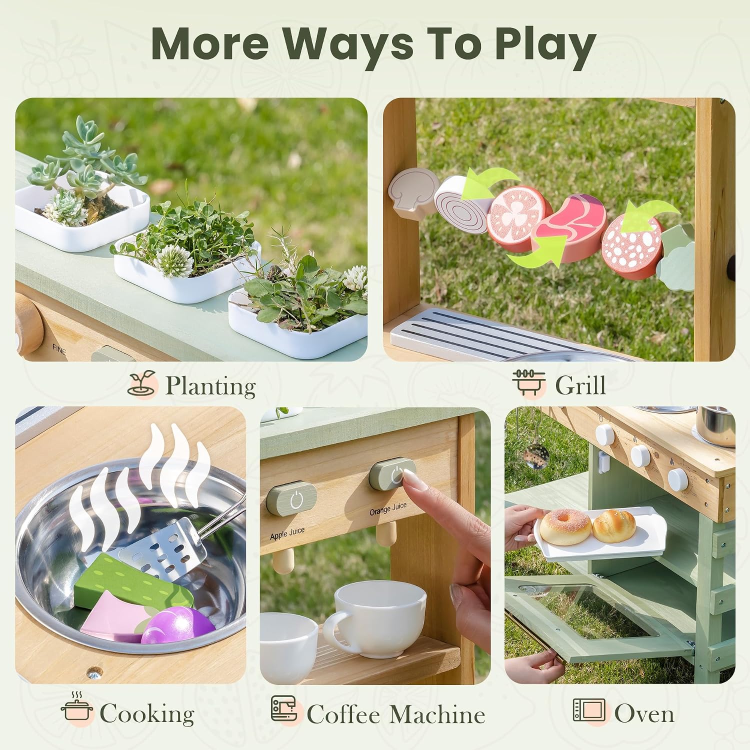 ROBOTIME Mud Kitchen & Kids Gardening Tools Set – Outdoor Wooden Play Kitchen with Sink, Grill & Pretend Accessories + 17 PCS Metal Kids Gardening Kit – Outdoor Toys for Boys & Girls Age 3+