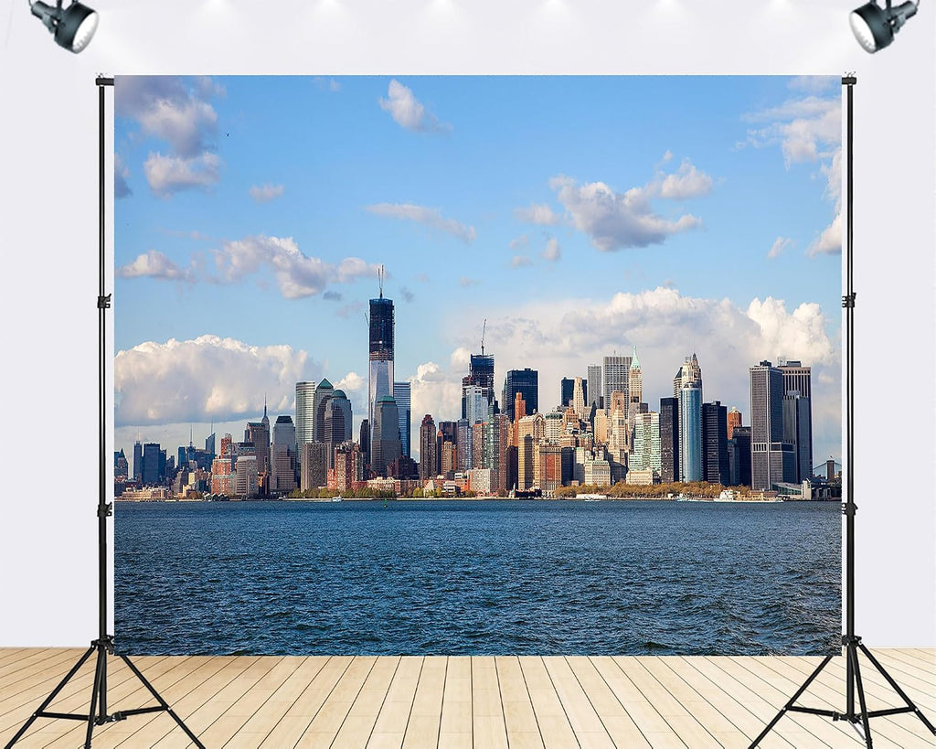 Trykid 20x10ft Waterfront City Skyscrapers Backdrop Clear Sky Modern Metropolis Photography Background Urban Landscape Tapestry Party Decoration Photo Studio Prop Fabric