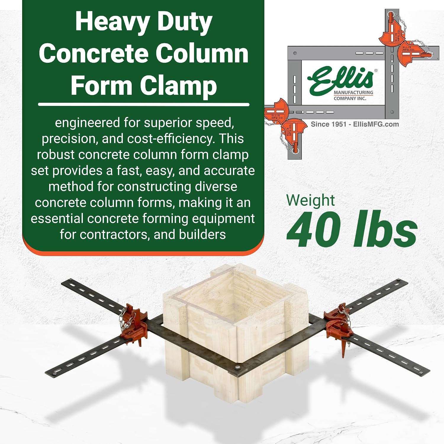 Ellis Manufacturing Company Scissor Column Forming Clamps - Clamp Set for Carpentry & Construction - Net Concrete 10' - 34' - Bar Size 3/8' x 2-1/2' x 48'