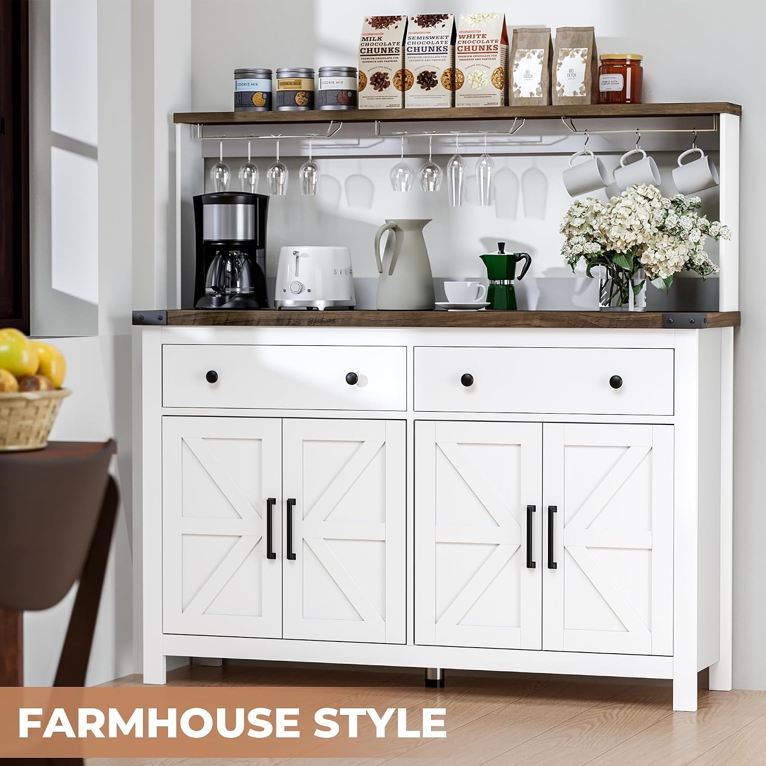 VVFLU Hutch Storage Cabinet Buffet with Drawers, and Charging Station, Coffee Bar Cabinet with Barn Doors, Wine Rack and Hooks, Countertop, Long Farmhouse, White, for Kitchen, Dining Room, 54.1' High