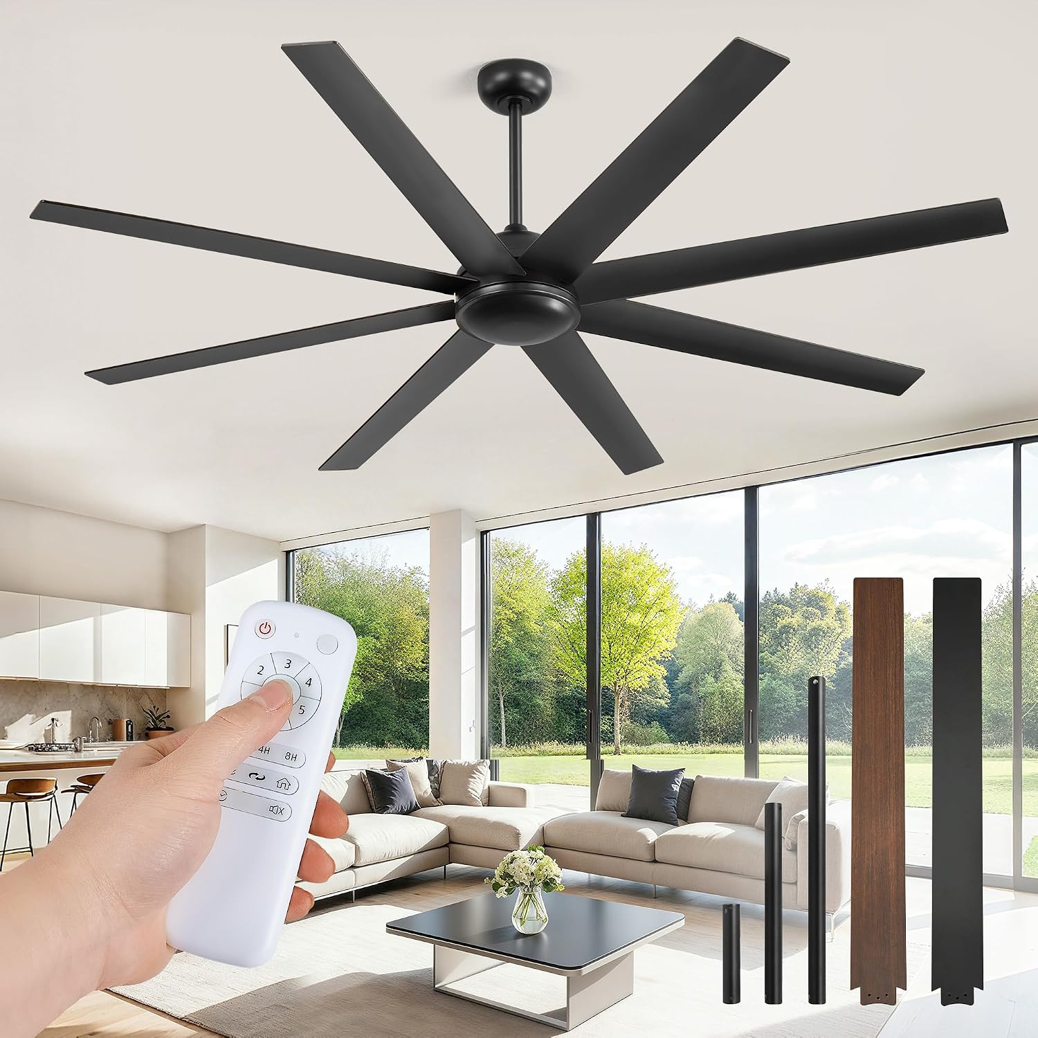 Fanbulous 72 Inch Ceiling Fans No Light with Remote, Black Indoor/Outdoor Ceiling Fan Without Light with Quiet Reversible DC Motor, 6 Speeds, 8 Blades Large Ceiling Fan for Living Room Bedroom Patio
