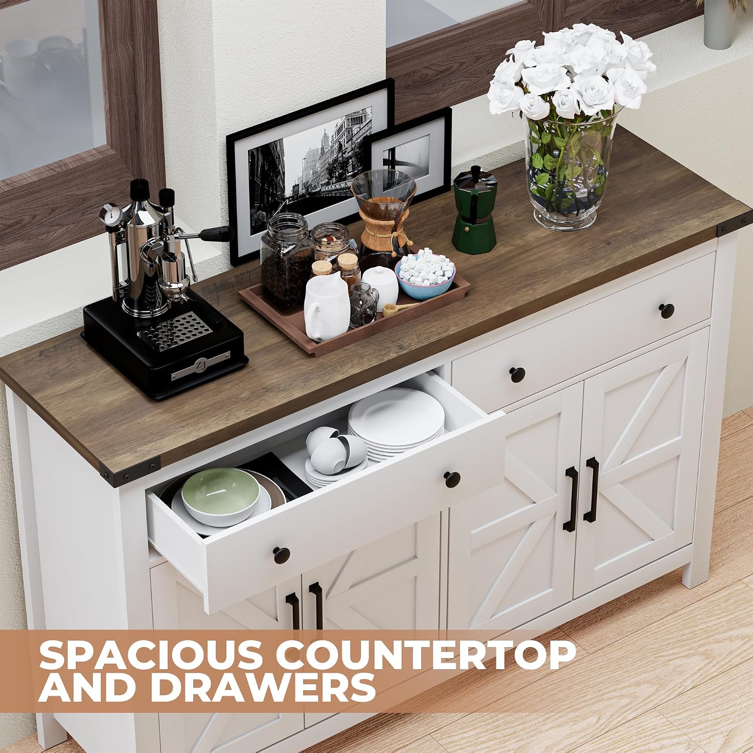 VVFLU 55' Modern Farmhouse Buffet Cabinet with Storage, Coffee Bar Cabinet with 2 Drawers and 4 Barn Doors, Sideboard Storage Cabinet for Kitchen, Dining Room, Living Room, White Wood