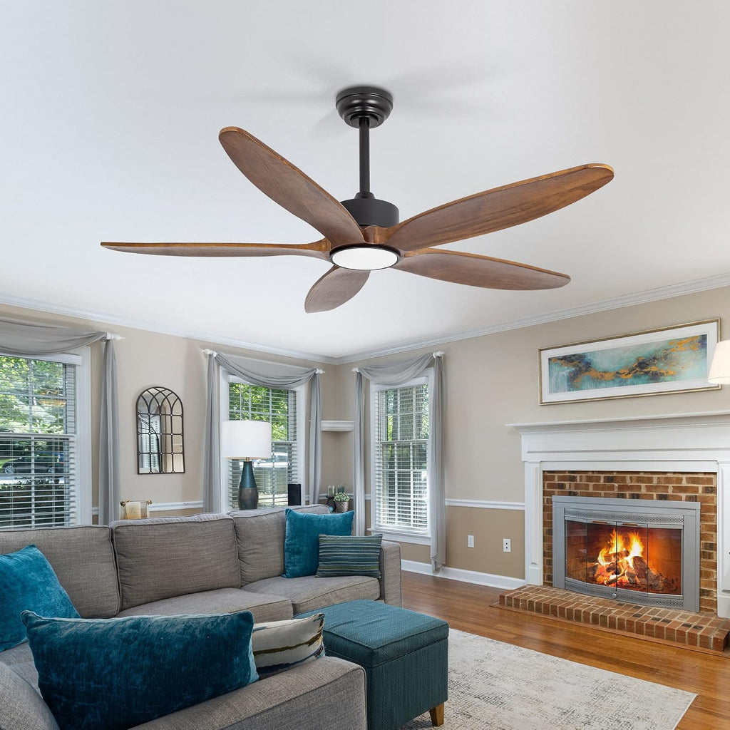 5 Wood Blades Ceiling Fan with Light and Remote,Quiet Reversible DC Motor,6 Wind Speed,LED Dimmable and Memory,for Bedroom/Patios/Living Room,52 inch,Dark Walnut Wood Blades