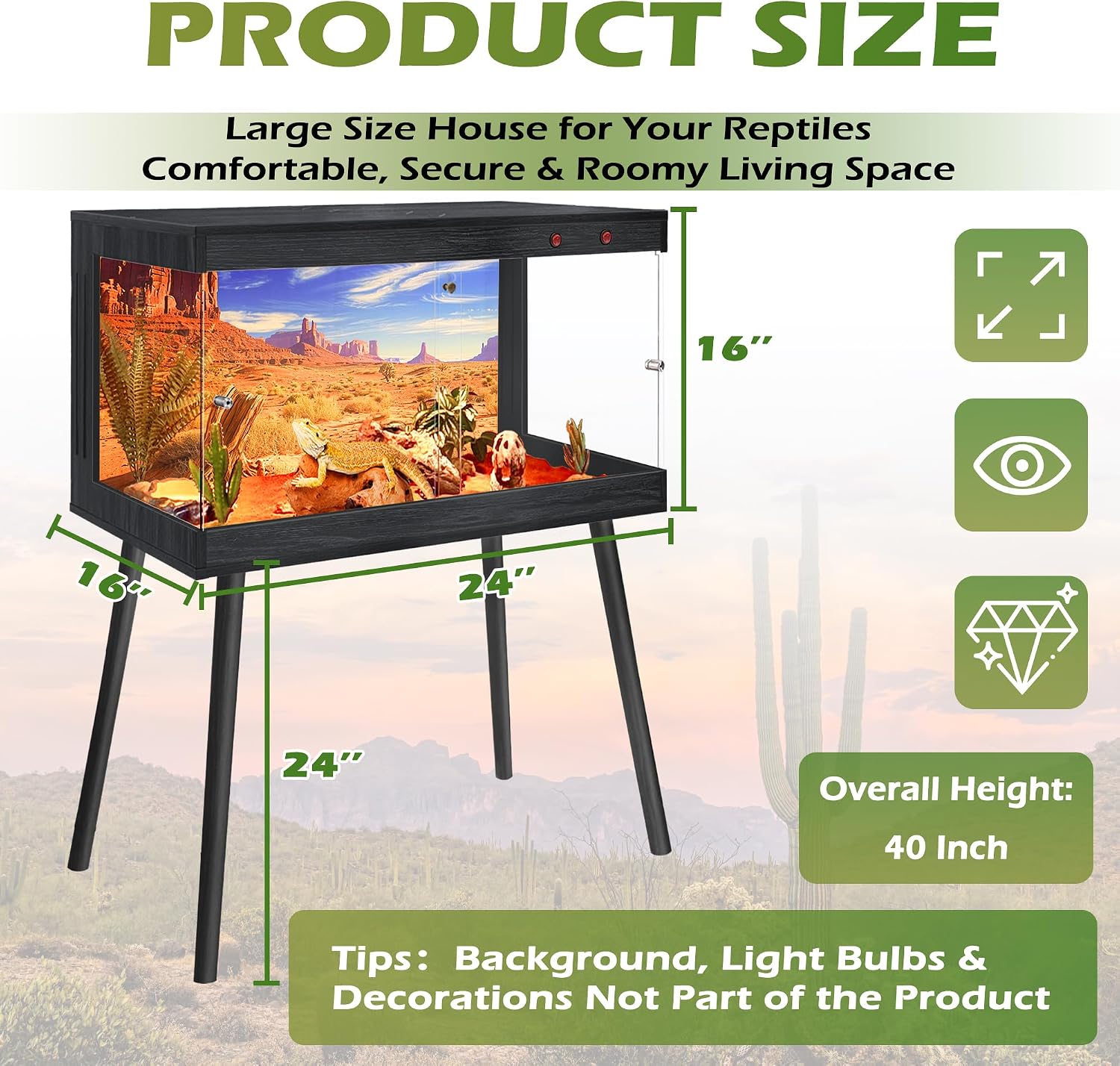 Royxen Bearded Dragon Tank, 31 Gallon Reptile Tank with Leg Stand,Built-in Lighting Reptile Enclosure, Tempered Glass Bearded Dragon Encloure for Chameleon (Black,24'x 16'x 16')