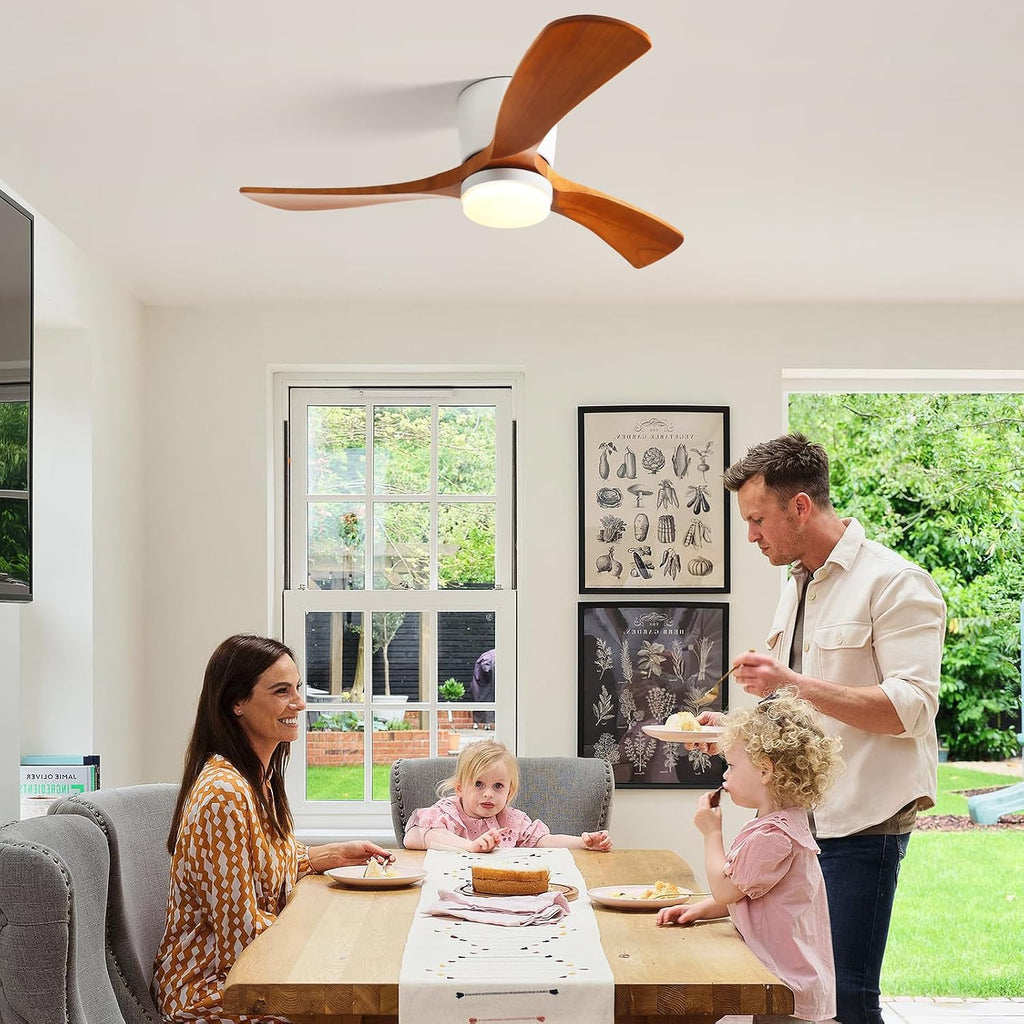 GESUM 42' Flush Mount Ceiling Fan with Lights3 Wood Blades, Reversible,Dimmable, Low Profile Ceiling Fan with Remote Control for Living Room Kitchen Bedroom(White+Wood)