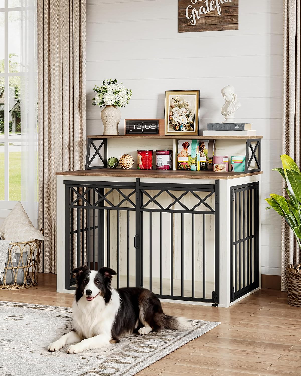 Hzuaneri 39.4'' Dog Crate Furniture, Large Wooden Dog Crate with Storage and 3 Doors, Indoor Kennel for Medium/Large Dogs, End Table with Barn Door, Chew-Proof and Escape-Proof, White Brown DFC87414B