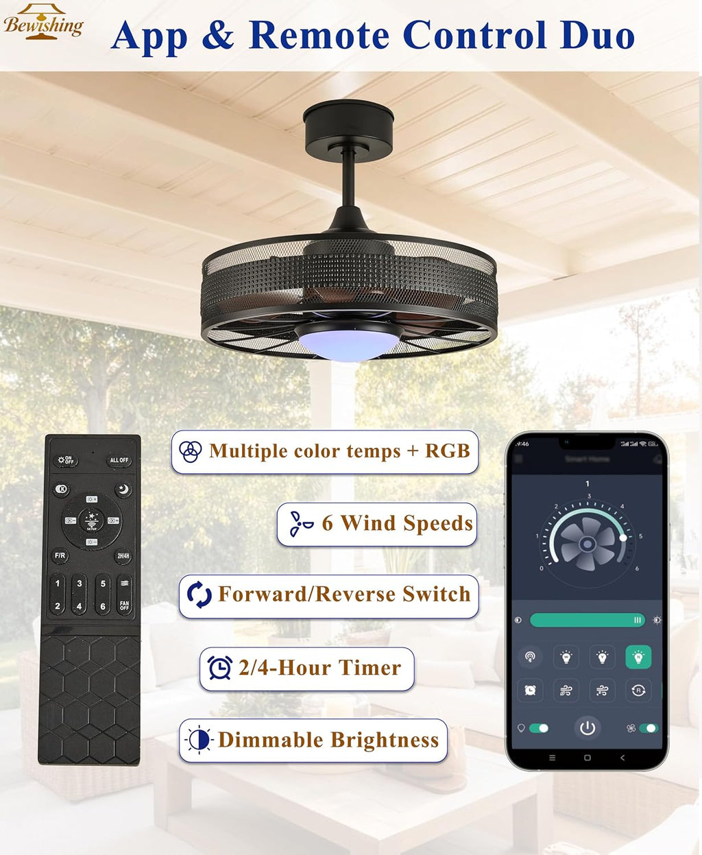 20' Outdoor Indoor Ceiling Fan with Light, IP44 Waterproof Fandelier, RGB & 3 CCT, Smart APP Remote, 6-Speed DC Motor, Cage Design for Gazebo Patio Bedroom, Black