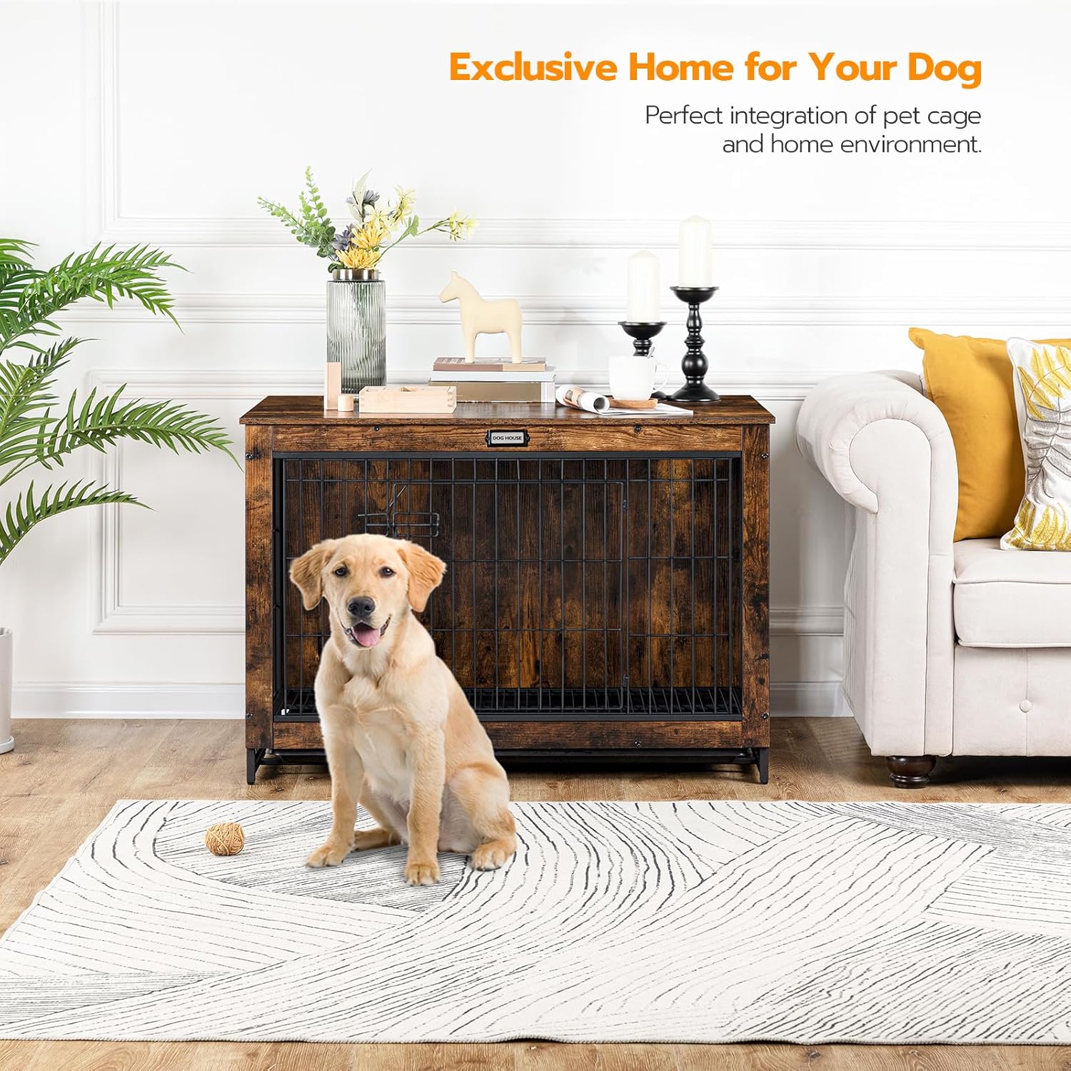 HOOBRO Dog Crate Furniture, 38.6' Large Dog Kennel Indoor, Wooden Cage with Pull-Out Tray, Double Doors Pet House Side End Table for Large/Medium/Small Dogs, Rustic Brown BF982GW03G1
