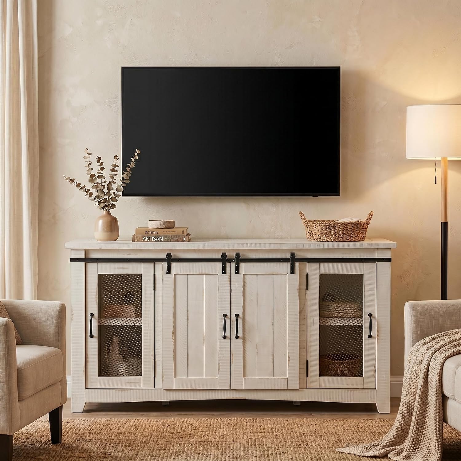 Martin Svensson Home 65' Solid Pine Wood Entertainment Center with Storage. Rustic TV Stand for TVs up to 70.' Sliding Doors, Adjustable Shelves & Cable Management – White Finish