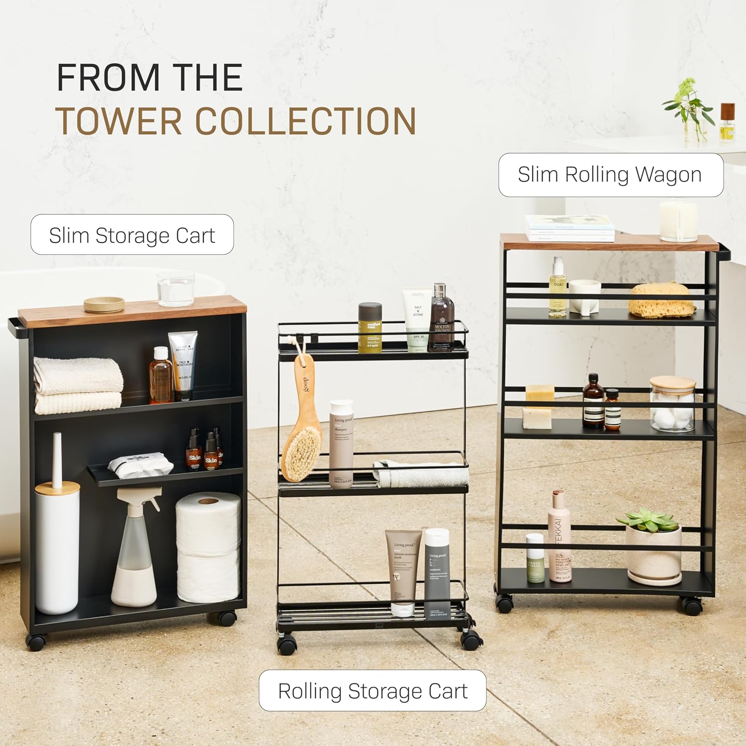 YAMAZAKI Home Slim Rolling Storage Cart – Narrow Bathroom Storage Cabinet with Handle, Slim Bathroom Storage Cart with Wheels, Easy Assembly, Steel + Wood, Black