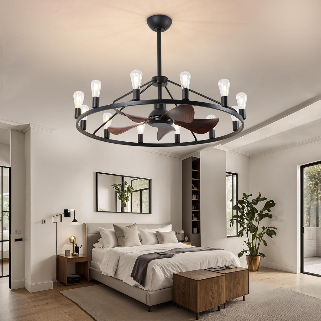 Miuyhji Wheel Ceiling Fan 44 Inches Large,Industrial Ceiling Fans with Lights and Remote,Vintage Chandelier Fans with 12 Candle Lights, Wagon Wheel Chandelier with Fan for Indoor