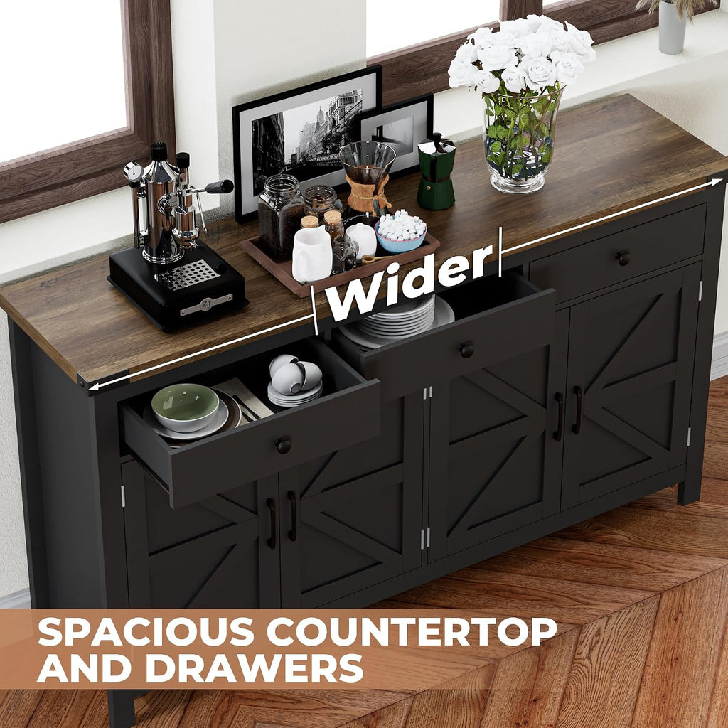 VVFLU 63' Sideboard Buffet Cabinet with Storage, Coffee Bar with 3 Drawers and 4 Barn Doors, Long Wider Storage Cabinet Modern Farmhouse, for Kitchen, Dining Room, Living Room, Black Wood